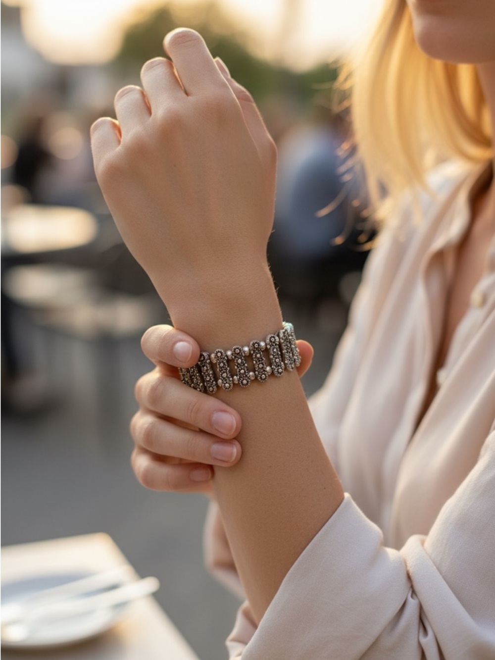 Silver tone and copper Floral Bar Stretch Bracelet - - Picture 3 of 3